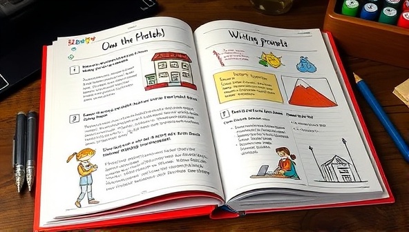 An image of a colorful and engaging writing workbook open on a desk, featuring writing prompts, illustrations, and interactive exercises, creating a visually stimulating and immersive writing experience.