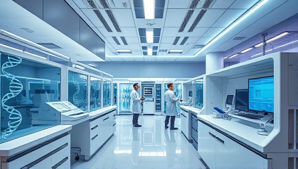 A modern genetic testing lab with advanced equipment, DNA sequencing machines, and a team of specialists analyzing genetic data, creating a futuristic and cutting-edge image of health and science.