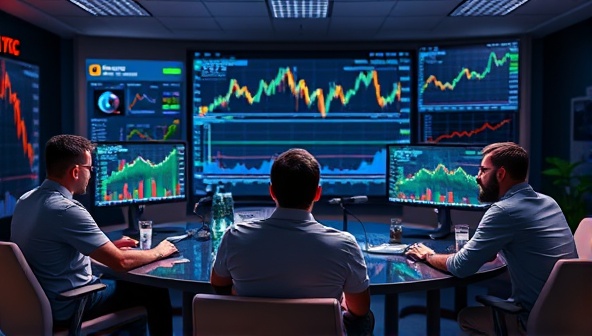 An artistic representation of a virtual cryptocurrency investment club meeting, with members discussing market trends and analyzing digital asset charts on their screens, creating a collaborative and dynamic environment.