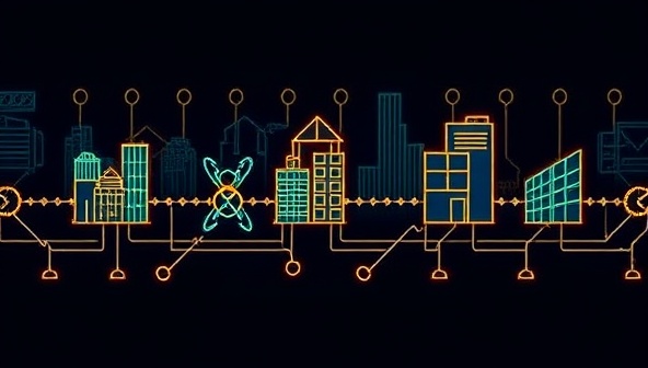 An illustration of a digital chain linking construction project stakeholders, including contractors, suppliers, and clients, symbolizing the secure and transparent nature of ChainBuild Contracts' blockchain-based smart contracts, fostering trust and efficiency in construction agreements.
