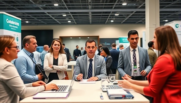 A professional virtual career fair setting with recruiters, job seekers, and career coaches engaging in networking conversations and interview simulations, portraying the dynamic and interactive nature of CareerClimb's career development platform.
