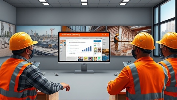 A virtual classroom setting with construction workers participating in an interactive safety training course on a computer screen, with safety gear and construction site images in the background, promoting a culture of safety and education in the industry.