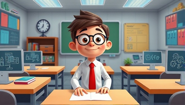 An animated character in a virtual classroom setting, surrounded by game elements and interactive challenges, illustrating the engaging and immersive nature of gamified learning websites.