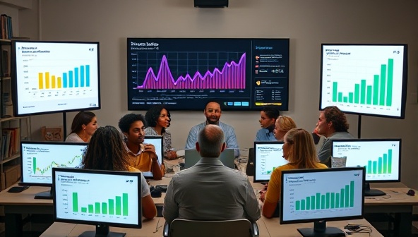 A diverse group of individuals attending a virtual financial workshop, with interactive graphs and financial tips displayed on screens around them, conveying a collaborative and informative atmosphere.