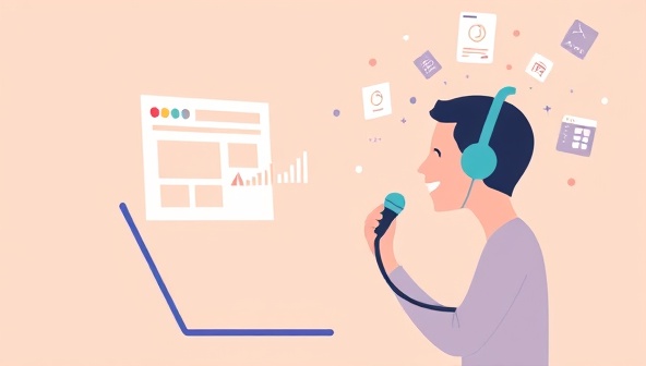 An innovative illustration of a user verbally commanding a virtual assistant to design a website, with voice waveforms and design elements floating in the air, highlighting the seamless and interactive nature of the voice-activated web design tool.