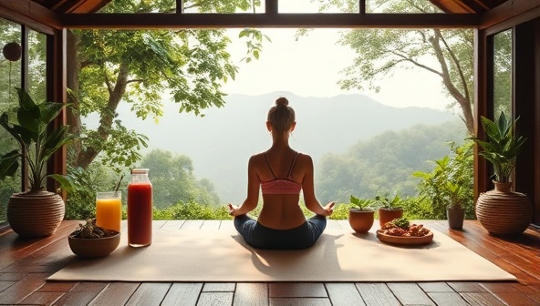 An immersive virtual wellness retreat setting featuring a tranquil nature backdrop, a yoga mat for practice, healthy smoothies and herbal teas for refreshment, and a virtual wellness coach guiding a meditation session, creating a serene and rejuvenating atmosphere that captures the essence of HolisticVista's holistic health coaching platform.