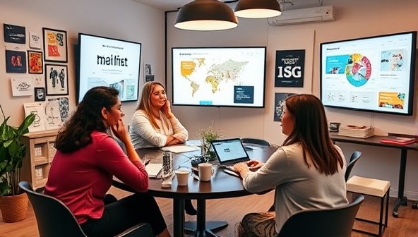 An engaging e-commerce brand workshop setting with branding materials, digital screens displaying market trends, and a creative brainstorming session among team members, illustrating the agency's commitment to developing innovative brand strategies and driving online success for clients.