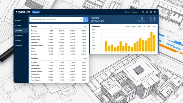 An online project estimation dashboard displaying detailed cost breakdowns, material lists, and project timelines, alongside construction blueprints and architectural drawings, illustrating the meticulous planning and accuracy of EstimaPro Online's estimation services.