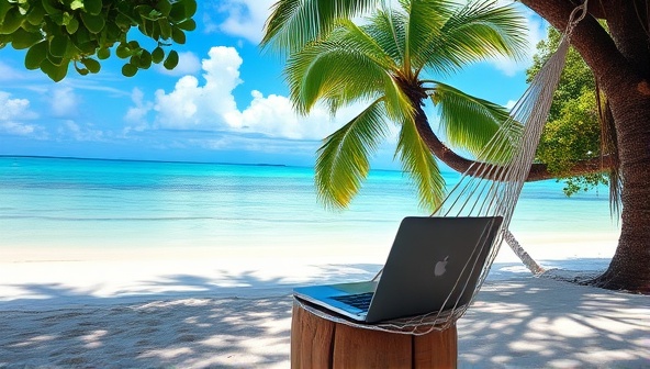 A picturesque remote workation setup featuring a laptop on a tranquil beach with a hammock, surrounded by lush greenery and a stunning ocean view, illustrating the perfect blend of work and relaxation in a tropical paradise.