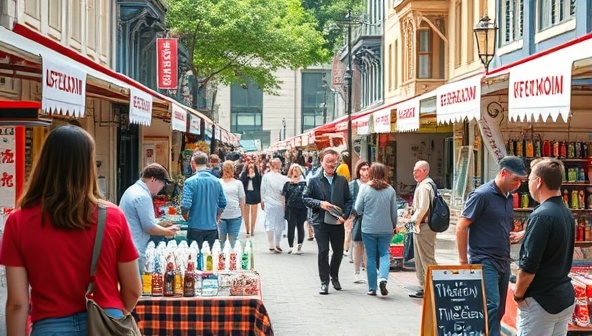 A vibrant street market scene bustling with people, with small local businesses showcasing their products and engaging with customers, illustrating the potential of community-focused influencer marketing.