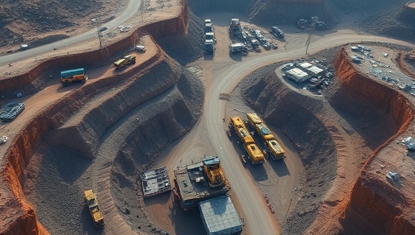 An aerial view of a remote mining site with IoT sensors and monitoring devices installed across the area, transmitting data to a central control room for real-time analysis and decision-making, ensuring safety and efficiency.