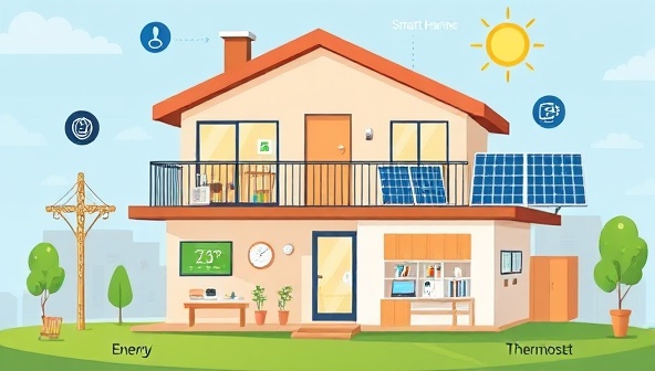 An illustrative depiction of a modern smart home equipped with energy-efficient devices, showing a seamless integration of smart thermostats, solar panels, and energy monitoring tools, highlighting a sustainable and tech-savvy lifestyle.