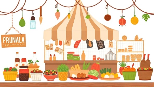 An engaging digital illustration of the virtual culinary marketplace interface, displaying a colorful array of homemade dishes, artisanal products, and culinary delights from various sellers, inviting users to explore and discover unique gastronomic treasures in a vibrant online food hub.