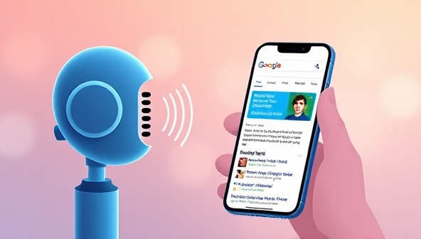 An illustration of a digital voice assistant interacting with optimized content on a smartphone screen, showcasing the seamless integration of voice search optimization techniques and the impact on search visibility and ranking.