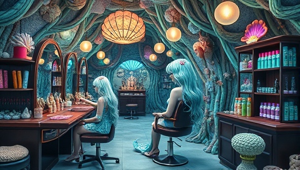 A fantastical hair salon reminiscent of an underwater grotto, adorned with seashells and mermaid decor, a stylist creating a mesmerizing mermaid hair look for a client, and a display showcasing iridescent hair colors and ethereal hair accessories, evoking a magical and enchanting atmosphere for mermaid hair enthusiasts.