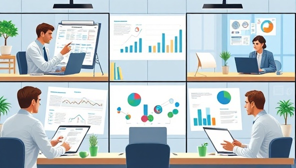 A dynamic virtual business consulting clinic scenario with consultants providing advice, analyzing financial data, brainstorming business strategies, and engaging with clients in a professional and collaborative virtual setting, showcasing the value and expertise of virtual business consulting clinics.