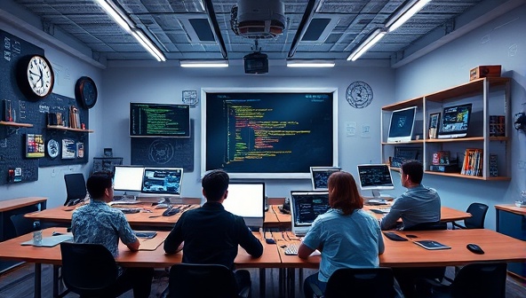 A dynamic digital classroom environment showcasing a virtual coding bootcamp session with instructors guiding students through programming challenges, interactive exercises, and real-time feedback, surrounded by tech-themed visuals and innovative learning tools, fostering a collaborative and immersive learning experience.