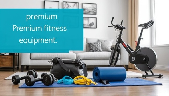 An assortment of premium fitness equipment displayed in a modern living room setting, including dumbbells, resistance bands, a yoga mat, and a stationary bike, arranged neatly and invitingly to showcase the convenience and versatility of FitOnTheGo's rental service.