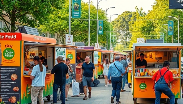 A bustling street scene with a line of colorful, solar-powered food trucks serving a variety of mouthwatering dishes to a diverse group of customers, surrounded by greenery and eco-friendly signage, embodying a vibrant and sustainable dining experience.