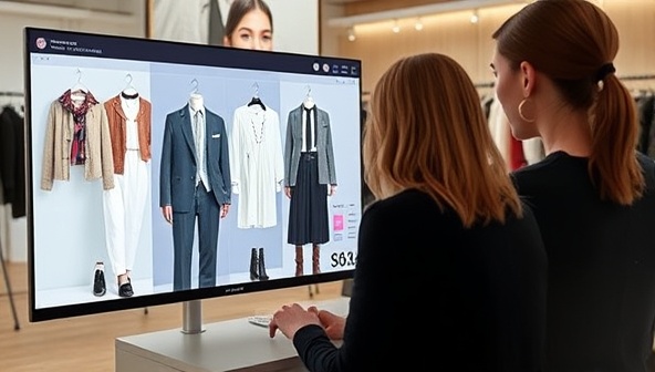An artistic representation of a virtual styling session, with a stylist interacting with a client through a digital interface, displaying different outfit options and accessories, conveying a sense of virtual fashion expertise.