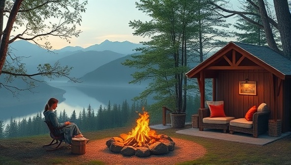 A serene virtual retreat setting with tranquil nature scenes, cozy writing nooks, and a virtual bonfire for storytelling sessions, creating a peaceful and inspiring atmosphere for writers to escape, create, and connect in the WriteEscape Haven virtual retreats.