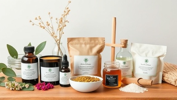 An artisanal wellness setup featuring WellnessCraft Studios personalized wellness products, including aromatherapy candles, custom herbal teas, and handcrafted bath salts, displayed in a serene and tranquil environment, promoting relaxation and holistic well-being through customizable self-care experiences.