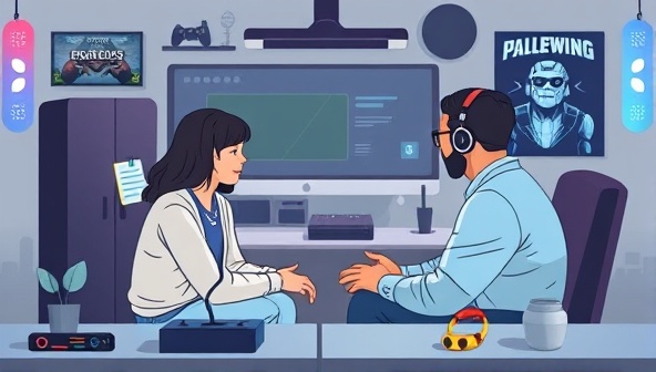 A supportive online counseling session with a counselor providing guidance and listening attentively to a gamer, surrounded by a virtual backdrop of gaming-themed elements, creating a safe and welcoming space for mental health discussions and support within the gaming community.