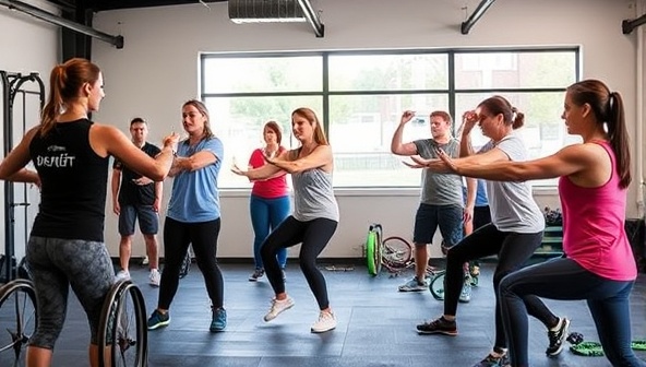 An inclusive visual representation of AdaptoFit trainers leading a diverse group of individuals in adaptive fitness exercises, showcasing a supportive and inclusive environment with a range of adaptive equipment and modifications, emphasizing empowerment and accessibility in fitness training.