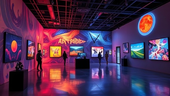 A digital art gallery with vibrant visuals, interactive installations, and diverse art pieces displayed in a virtual exhibition space, inviting visitors to explore and engage with the immersive and creative online art showcase.