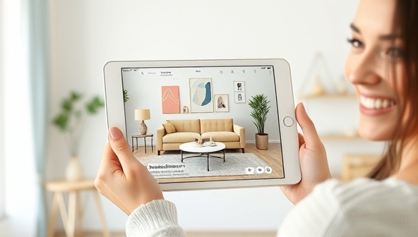 A visually appealing digital mockup of a cozy living room with virtual design elements like color swatches, furniture placements, and decor accents, displayed on a tablet screen held by a smiling interior designer, illustrating the concept of virtual home decor consultation.