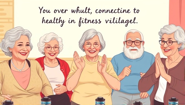 A heartwarming digital illustration featuring a group of seniors participating in a virtual fitness class, with smiling faces, gentle exercises, and motivational messages, promoting health, connection, and vitality in older adults through virtual fitness consultancy.