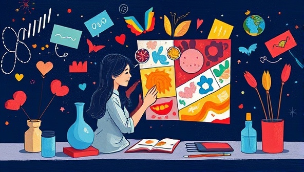 An evocative illustration of a virtual art therapy session with a therapist guiding a client through a creative art activity, expressing emotions through colors and shapes, symbolizing the healing and transformative power of art therapy offered by the platform.