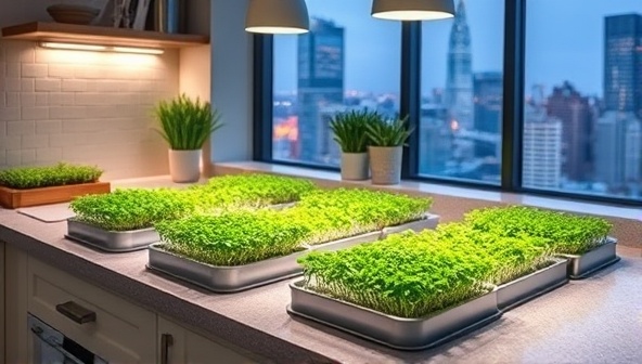 An urban kitchen counter adorned with vibrant trays of microgreens growing under LED lights, with cityscape views in the background, illustrating the blend of urban living and fresh, home-grown produce.