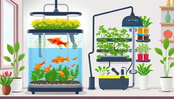 An artistic illustration of a modern aquaponic home farming setup, featuring a sleek fish tank connected to a vertical grow bed system with flourishing plants, all within a contemporary home environment, emphasizing the synergy of aquaculture and hydroponics for sustainable home food production.