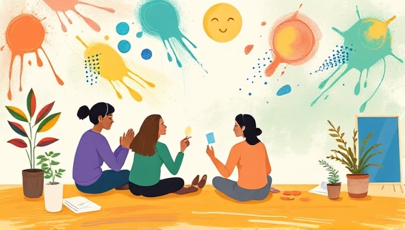 An expressive illustration of a virtual art therapy session where participants engage in creative art-making activities, share their emotions through visual expressions, and connect with their inner selves in a supportive and therapeutic environment, fostering a sense of healing, resilience, and emotional connection.