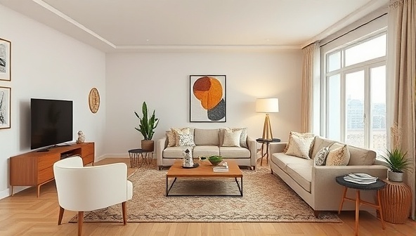 A virtual room design visualization depicting a stylish and cozy living space with virtual furniture arrangements, color schemes, and decor accents, illustrating the transformative power of virtual interior design consultations in creating aesthetically pleasing and functional home environments.