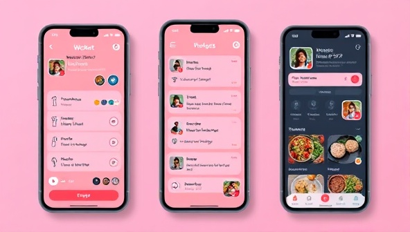A sleek and modern app interface showing a user logging their workout progress, receiving encouraging messages from their virtual coach, and accessing a library of healthy recipes, creating a motivating and interactive fitness experience.