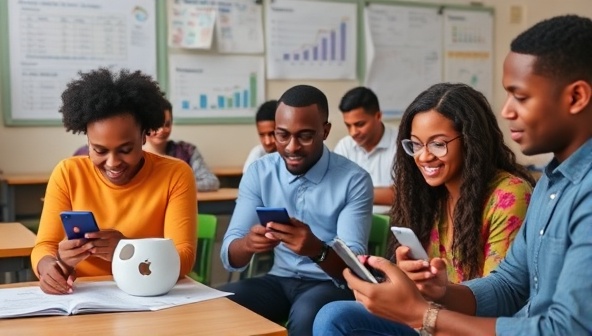 An educational setting with diverse individuals engaged in a virtual financial literacy course on their devices, surrounded by financial charts and educational materials, illustrating the platform's interactive and empowering approach to learning about wealth management.