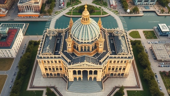 An aerial shot captured by a drone, showcasing a majestic architectural landmark from a bird's eye view, highlighting intricate details, unique design features, and the surrounding landscape, exemplifying the captivating perspectives offered by SkyView Architectures' drone photography services.