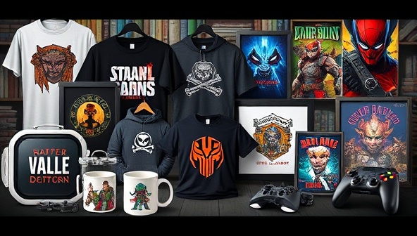 An eye-catching visual of a variety of gaming-themed merchandise, such as custom apparel, mugs, and posters, featuring iconic game characters and designs, arranged creatively to appeal to gaming enthusiasts.