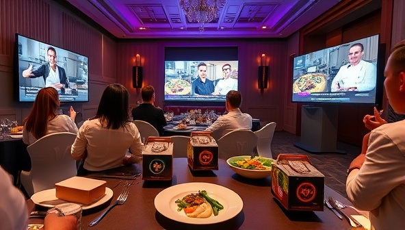 An immersive visualization of a virtual event setup with participants engaging in a culinary experience from Virtual Feast Co., showcasing elegantly plated dishes served in branded packaging alongside digital screens displaying interactive cooking demonstrations and virtual chef interactions, capturing the essence of a virtual feast brought to life through innovative catering services.