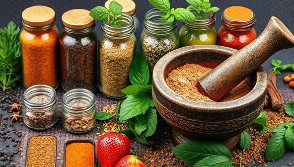 An artistic image featuring an assortment of colorful spices and herbs arranged in decorative glass jars, with a mortar and pestle for grinding, conveying a sense of culinary artistry and personalized flavor exploration.