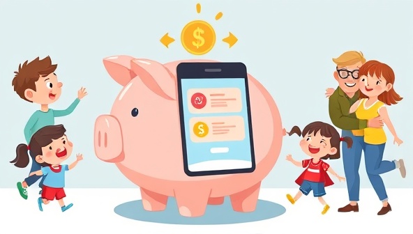 A colorful and playful illustration of a piggy bank with a digital interface on a smartphone, surrounded by happy children and parents, conveying a sense of financial empowerment and fun learning.