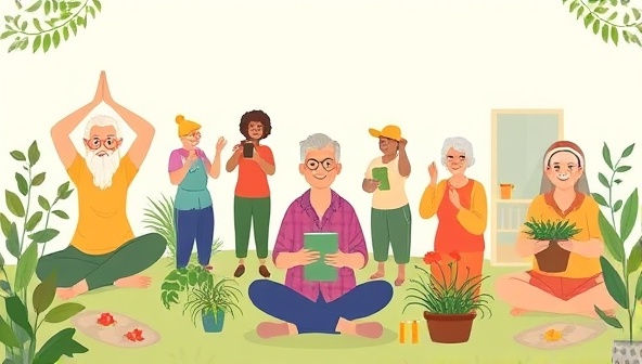 A heartwarming digital illustration depicting a group of diverse seniors engaging in virtual activities like yoga, gardening, and socializing, surrounded by elements of nature and wellness to promote a sense of community and vitality.