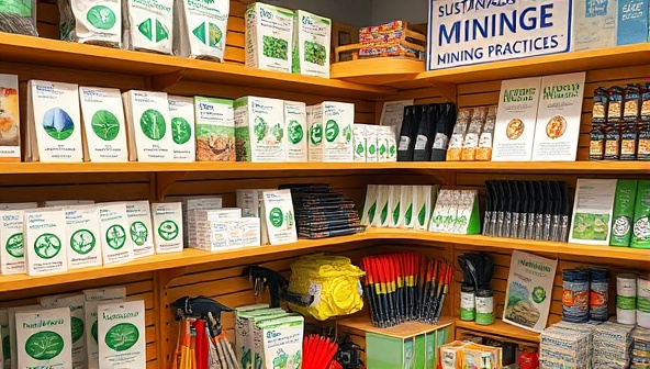 An image of a store interior with shelves stocked with eco-friendly mining supplies, featuring biodegradable packaging, energy-efficient tools, and signage promoting sustainable mining practices.