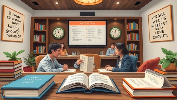 An artistic representation of a virtual writing retreat, showing participants in a digital meeting room surrounded by books, notepads, and inspirational quotes, creating a cozy and motivational writing environment.