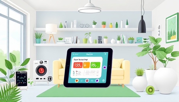 An illustration of a modern home environment with various smart devices controlled by the EcoSync Home app, showcasing energy savings data on a tablet screen, surrounded by eco-friendly home decor elements and greenery, creating a futuristic and sustainable living concept.