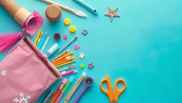 An artistic and vibrant flat lay composition featuring a selection of craft materials and tools arranged in an aesthetically pleasing manner, with a sneak peek of a completed craft project from one of the subscription boxes, conveying creativity and inspiration for craft enthusiasts.