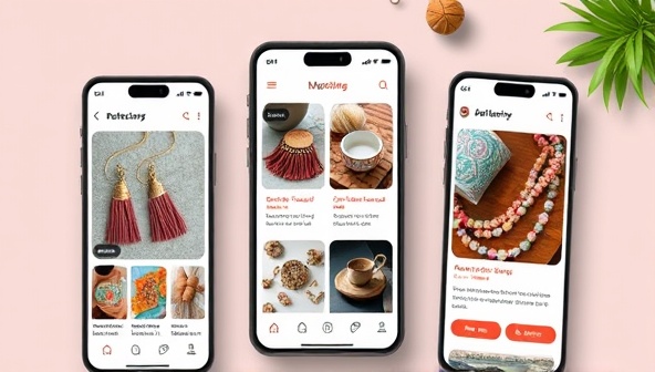 An aesthetically pleasing app interface showcasing various artisanal products such as handmade jewelry, pottery, and textiles, with vibrant visuals and user-friendly navigation, reflecting the diversity and creativity of the local artisan community.