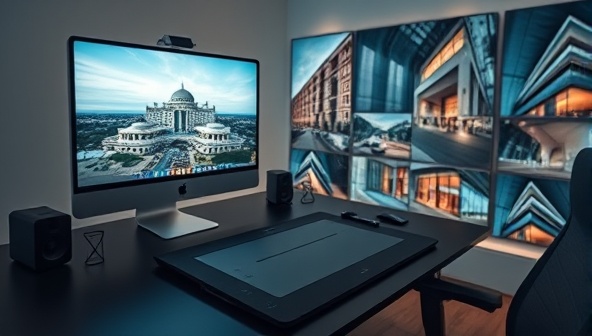 An architectural photo editing workspace setup with a computer displaying edited images, a graphics tablet for precise editing, and a gallery of stunning architectural photographs, creating a visually inspiring and professional editing environment.